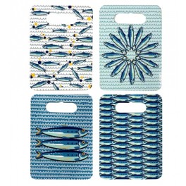 Lot de 4 Planches à Découper en Céramique Motif Poissons & Sardines – 24 x 18 cm – Décor Marin Bleu & Blanc