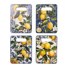 Lot de 4 Planches à Découper en Céramique Motif Citrons & Feuillage – 24 x 18 cm – Décor Méditerranéen Jaune & Bleu