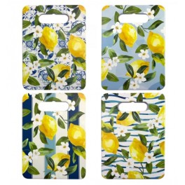 Lot de 4 Planches à Découper en Céramique Motif Citrons & Fleurs – 24 x 18 cm – Décor Méditerranéen Jaune, Vert & Bleu
