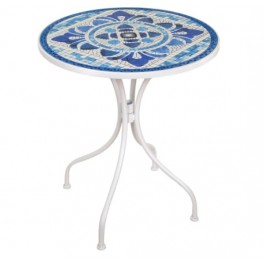 SIGNES GRIMALT Table Mosaïque Ronde 61 cm – Métal Blanc et Céramique Bleue – Table Intérieur/Extérieur 70 cm