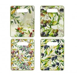 Lot de 4 Planches à Découper en Céramique Motif Olives & Feuillage – 24 x 18 cm – Décor Méditerranéen Vert & Naturel
