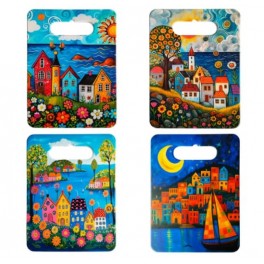 Lot de 4 Planches à Découper en Céramique Décor Maisons Colorées – Thème Village Bord de Mer – 24 x 18 cm – Design Artistique