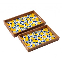 Lot de 2 Plateaux de Service Motif Citrons – Bois & Résine – Décor Agrumes Jaune & Bleu – Grand 42,5 x 27 x 5 cm