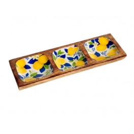 Plateau de Service Motif Citrons – Bois & Résine – Décor Agrumes Jaune Bleu – 30,5 x 9,5 x 1,5 cm