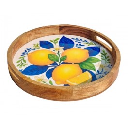 Plateau Rond de Service Motif Citrons – Bois & Résine – Décor Agrumes Jaune Bleu – Ø 35 cm – Épaisseur 4,5 cm