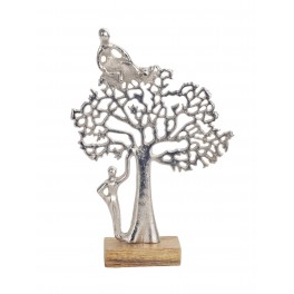 SIGNES GRIMALT Statuette Personnages ludiques et Arbre de Vie en métal, Argent et Bois veiné, H 43 x 6,5 x 33 cm