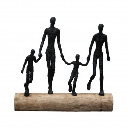 SIGNES GRIMALT Statue Famille sur Socle, Couple et Deux Enfants, Personnages Noirs et Socle en Bois veiné, Longueur 44 cm