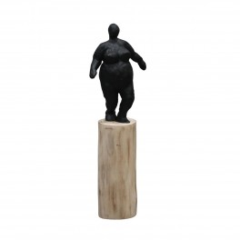 SIGNES GRIMALT Statue Femme Ronde Design Noire sur Socle Cylindre en Bois veiné, Hauteur 42 cm