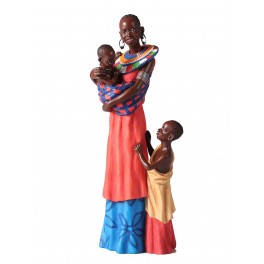 SIGNES GRIMALT Statuette Résine colorée : Africaine et Enfants Massaï, Collection Ethnik, Hauteur 26 cm