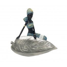 SIGNES GRIMALT Statuette Africaine Bleue et Feuille Vide-Poche argenté, Collection Kenya, L 22 cm