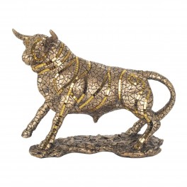 SIGNES GRIMALT Grande Statue Taureau Design doré et cuivré avec Inserts, Collection MIKADOR, Longueur 44 cm