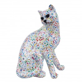 SIGNES GRIMALT Grande Statue Chat en résine, Mandalas Floraux en Tons clairs, Collection AJANTA, Hauteur 27 cm