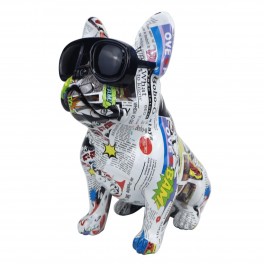 SIGNES GRIMALT Grande Statue Bouledogue français popstars, Lunette de Soleil et Illustrations Graphiques, Hauteur 34 cm