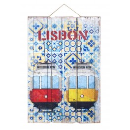 G&S Plaque Bois Vintage : Lisbonne, Tramway et Azulejos 1, H 60 cm