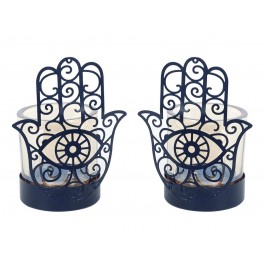 Set 2 Bougeoirs, Mod Main de Fatima, Métal et Verre, H 14 cm
