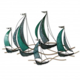 G&S Déco Murale Fer : Grande Régate 5 Voiliers Vert Emeraude et Bleu, L 105 cm