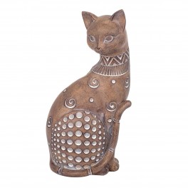Figurine Chat Assis Bali, Aspect Bois et Motifs stylisés, H 24,5 cm