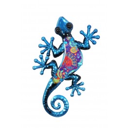 Gecko Mural Bleu et Rouge, Métal et Verre, Modèle KASHMIR, H 21 cm