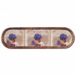 Plateau Apéritif Bords arrondis, 3 Compartiments, Bois de manguier et résine, Thème Lavande de Provence, l 46 cm
