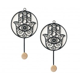 ORIGEN Set 2 Patères - Portemanteaux Métal, Modèle Main de Fatima Hamsa, Métal et Bois, H 28 cm