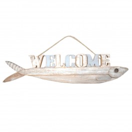 ORIGEN Déco Murale Thème Mer : Lettrage Welcome et Poisson en bois, Aspect vieilli, L 81 cm