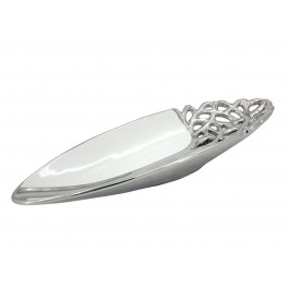 Plateau Design Arbre de Vie, Modèle Corbeille Blanc et Argent, Longueur 36 cm