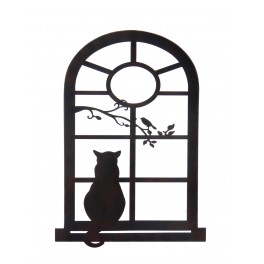 SIGNES GRIMALT Déco murale métal XL : Fenêtre sur Chats, Oiseau et Jardin, Anthracite, Hauteur 70 cm