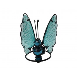 Photophore Papillon Bleu Turquoise, Métal et Verre, Modèle AQUARELIS, Hauteur 12 cm