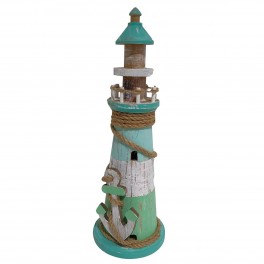 SIGNES GRIMALT Figurine Phare décoratif en Bois, Cordage et Ancre, Thème Bord de mer, Vert et Bleu, h 41 cm