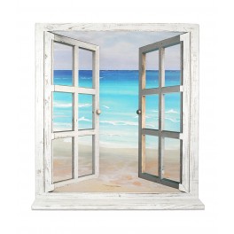 happyDko Tableau Peinture Marine : Fenêtre en trompe l'oeil, Vue mer, H 85 cm