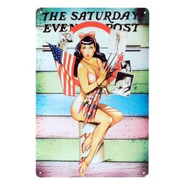 Plaque métal Vintage : Pin up et Fête Nationale USA, H 30 cm