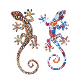 Set 2 Geckos Muraux Multicolores, Série Kolor 2, H 20,5 cm
