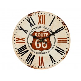 SGRIMALT Horloge Bois MDF Vintage : Route 66, Rouge et Ecru, Chiffres Romains, Diam 34 cm