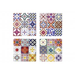 Set 4 sous-bock céramique et liège 2, Motif Rétro Carreaux de Ciment colorés, L 10,8 cm