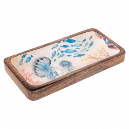Petit Plateau de Service en manguier et résine Lavable, Thème Méduse, Corail et Fonds Marins, Longueur 20 cm