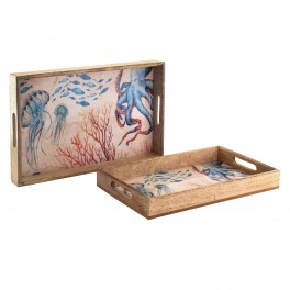 Set 2 Plateaux en manguier et résine, Thème Méduse, Corail et Fonds Marins, Longueur 43 cm (Grand)