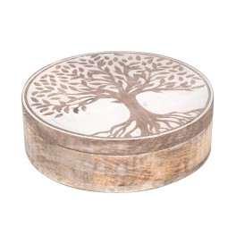 SIGNES GRIMALT Boîte de rangement ronde, Bois de Manguier et Thème Arbre de vie, Diamètre 20 cm