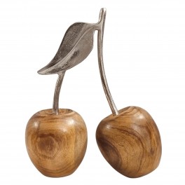 SIGNES GRIMALT Grandes Cerises décoratives, Bois de manguier et Queue en Aluminium argenté, Hauteur 32 cm