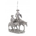 ORIGEN Figurine Don Quichotte à Cheval et Sancho Panza, Finition Argentée contemporaine, L 30 cm