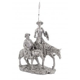 ORIGEN Figurine Don Quichotte à Cheval et Sancho Panza, Finition Argentée contemporaine, L 30 cm