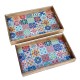 Set 2 Plateaux Bois de manguier et résine, Motif Carreaux de Ciment colorés, Longueur 43 cm (Grand)
