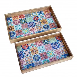 Set 2 Plateaux Bois de manguier et résine, Motif Carreaux de Ciment colorés, Longueur 43 cm (Grand)