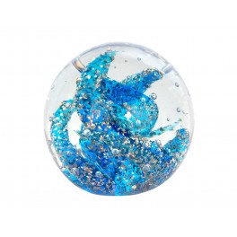 Presse Papier Décoratif et Sulfure Verre, Sphère Océane, Aquaviva, Bleu et Doré, Diamètre 8 cm