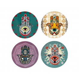 Set 4 Dessous de Verre : sous-bock Main de Fatima en céramique, H 0,5 x L 11 x P 11 cm