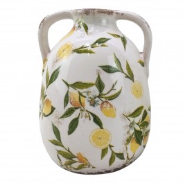 Jarre Vase rétro et Romantique en faïence avec anses, Effet Vieilli et Modèle Citrons, Hauteur 22 cm