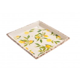 Assiette Plat de service carré en faïence, Effet vieilli et Modèle Citrons, longueur 21,50 cm