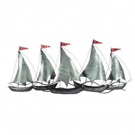 SIGNES GRIMALT Cinq voiliers gris métallisés et drapeaux rouges, 3D métal wallart, Gamme Océanic, longueur 100 cm