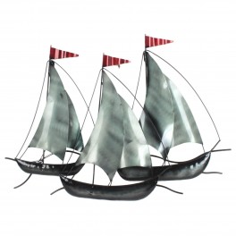 SIGNES GRIMALT Trois voiliers gris métallisés et drapeaux rouges, 3D wallart métal, Gamme Océanic, Longueur 66 cm