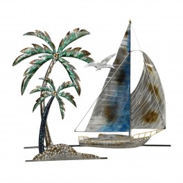 SIGNES GRIMALT Voilier de Plaisance au mouillage et Palmiers, Finition métallisée, 3D métal wallart, Hauteur 92 cm