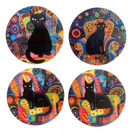 Set 4 sous-bocks en céramique, Chat et Mandalas Ethniques colorés, Diamètre 11 cm